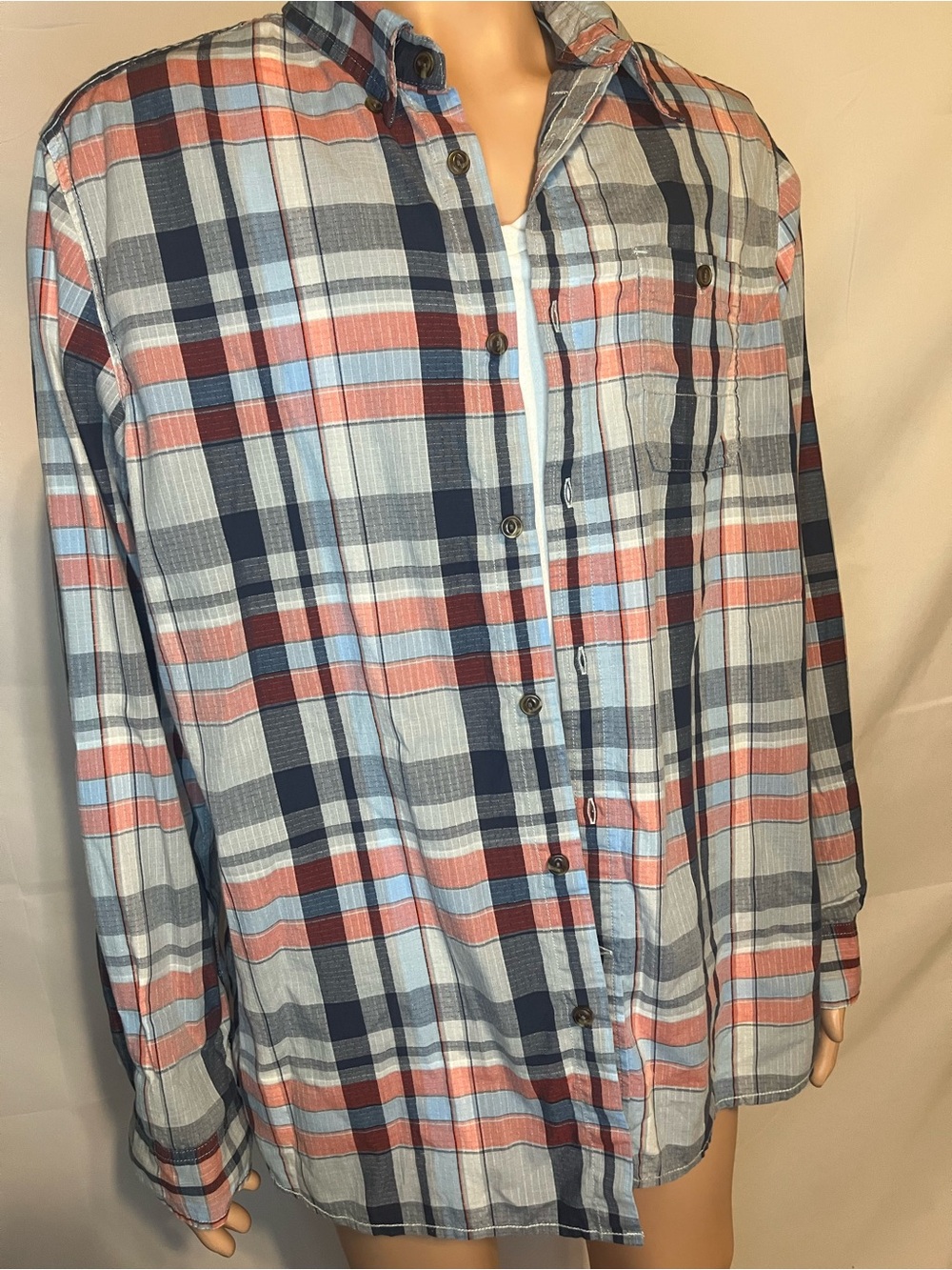 The North Face Men's Plaid Button-Down Shirt in Navy, Coral and Light Blue